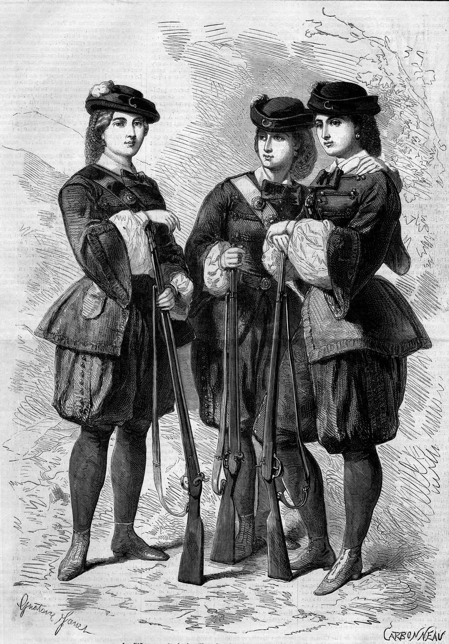 Portretter av Riflewomen: bataljoner av kvinnelige frivillige i England. Gravering i "" Le Monde Illustré"" nr. 172 av 28. juli 1860. av French School