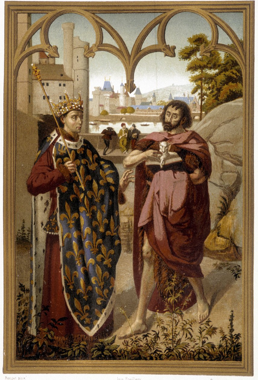 Portretter av Saint Louis og Saint John the Baptist - repro. etter fragment av altertavle tilskrevet Van Eyck, i "The Chroniclers of the History of France from the Origins to the 16th Century" av Mme de Witt, Paris av French School
