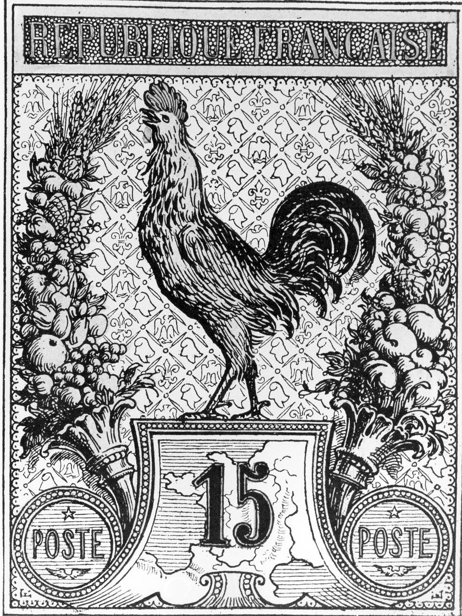 Frimerke som viser den franske hanen, emblem for den franske republikken, sent på 1800-tallet av French School