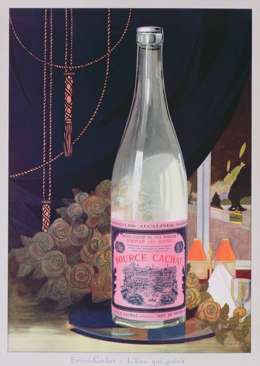 Postkort som reklamerer for Evian-vann fra Source Cachat, 1906 av French School