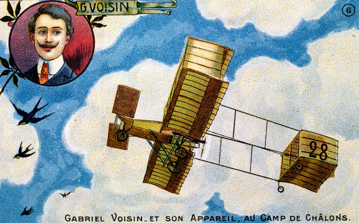 Postkort som feirer den franske pionerflygeren Gabriel Voisin, tidlig på 1900-tallet (chromolitho) av French School