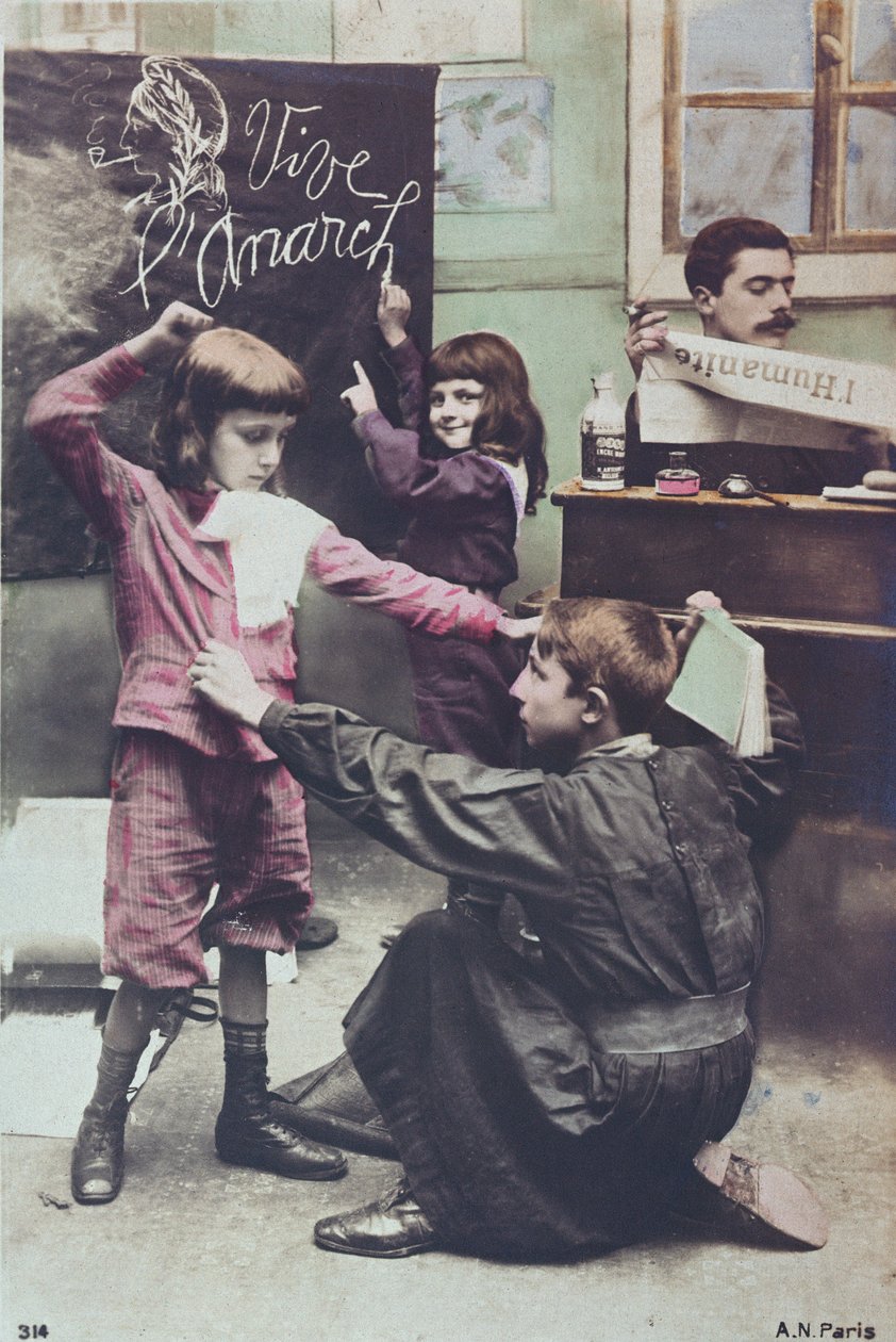 Postkort som kritiserer det sekulære utdanningssystemet, ca. 1910 av French School