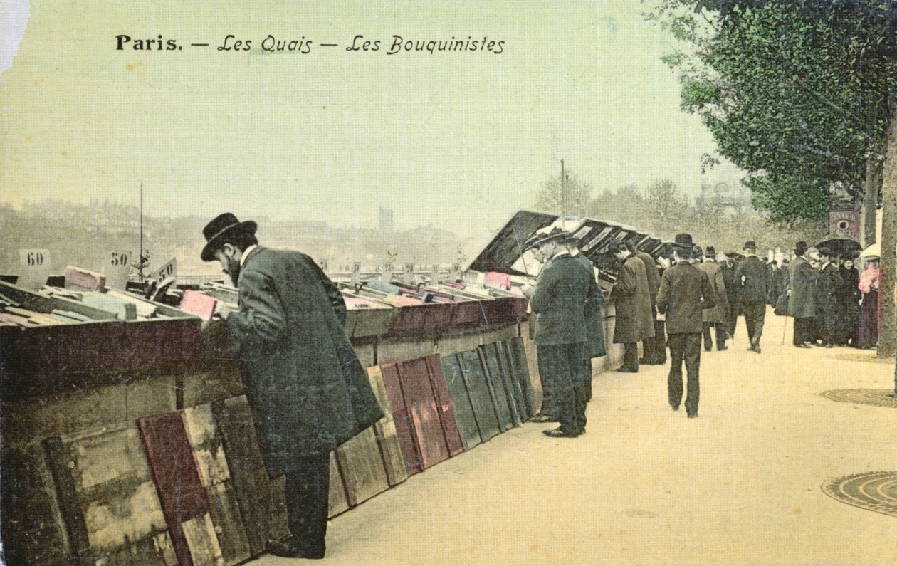 Postkort som viser Bouquinistes langs venstre bredd av Seinen, Paris, før 1914 (farget bilde) av French School