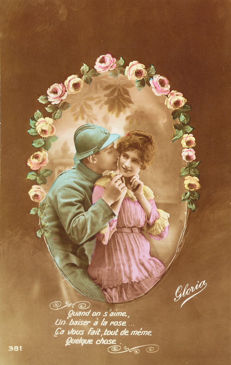 Postkort som viser en fransk soldat og hans elsker, 1914-18 (farget bilde) av French School