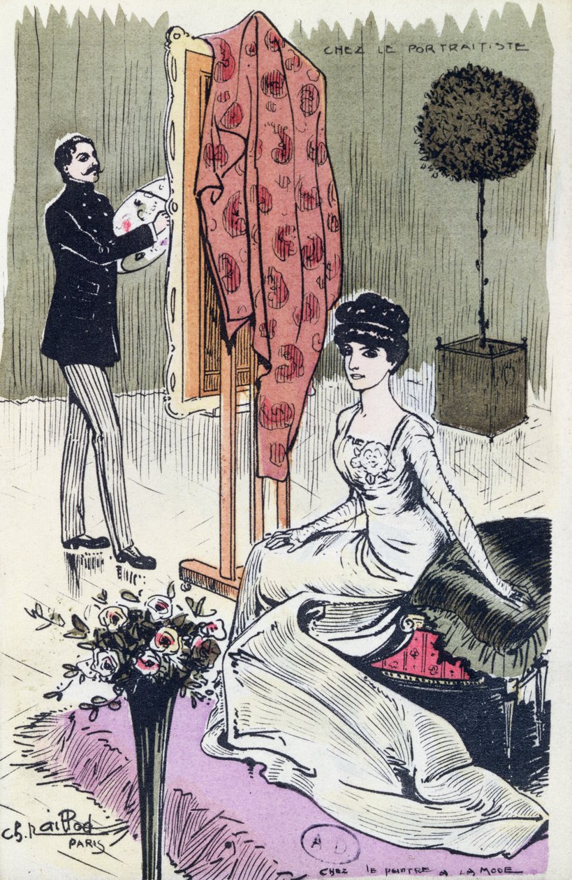 Postkort som viser en fasjonabel portrettmaler på jobb, 1910 av French School