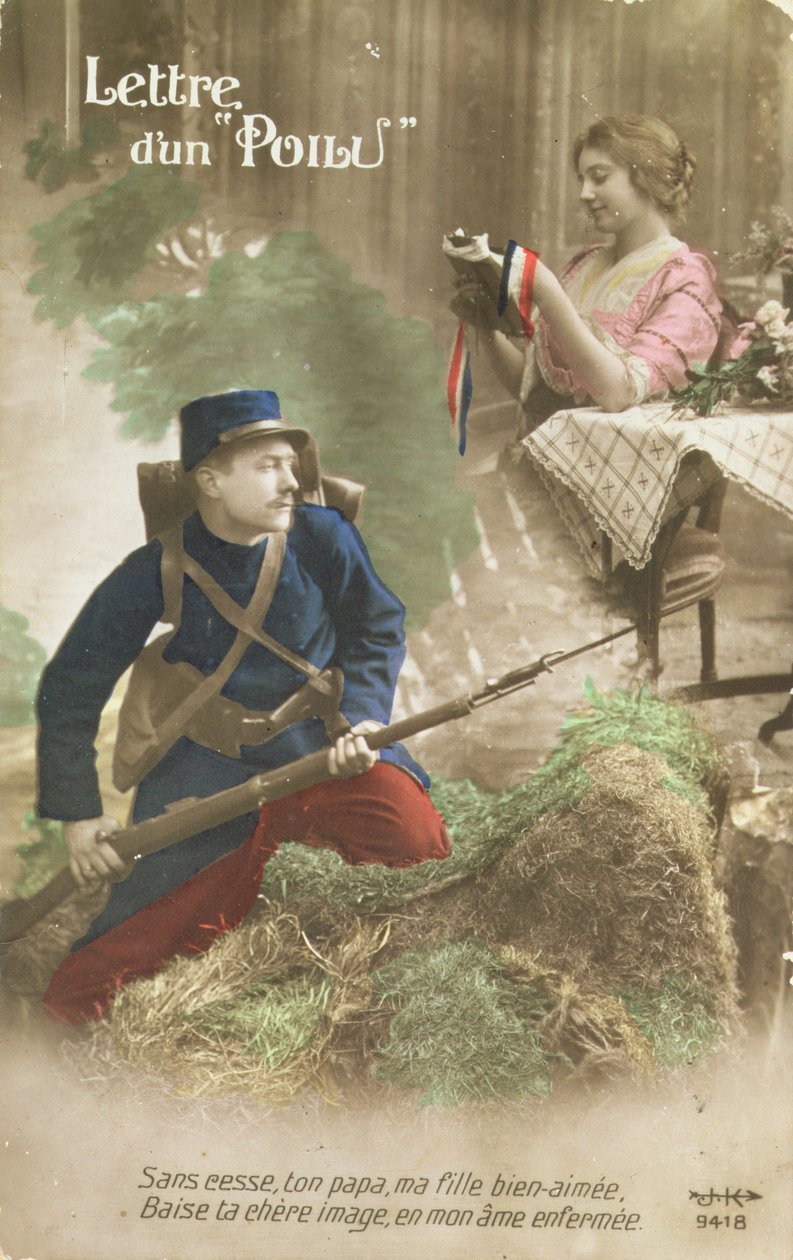 Postkort som viser et brev fra en Poilu, 1914-18 (farget bilde) av French School