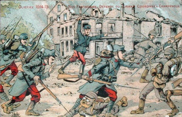 Postkort som viser det franske infanteriet som forsvarer Champenoux av French School