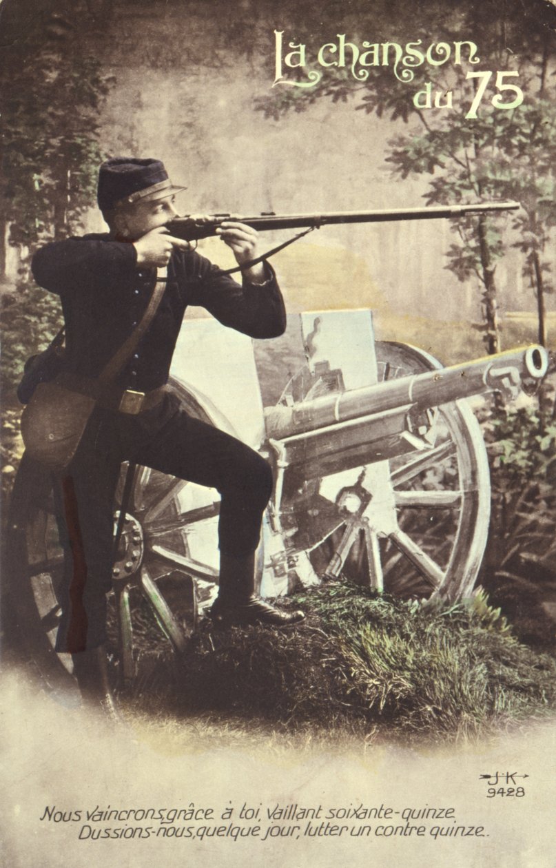 Postkort som viser sangen om de 75, 1914-18 av French School