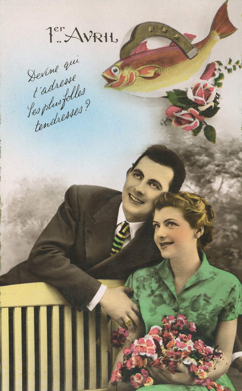 Postcard for the first April “” Guess who addresses the craziest tenderness””. sd. early 20th century av French School