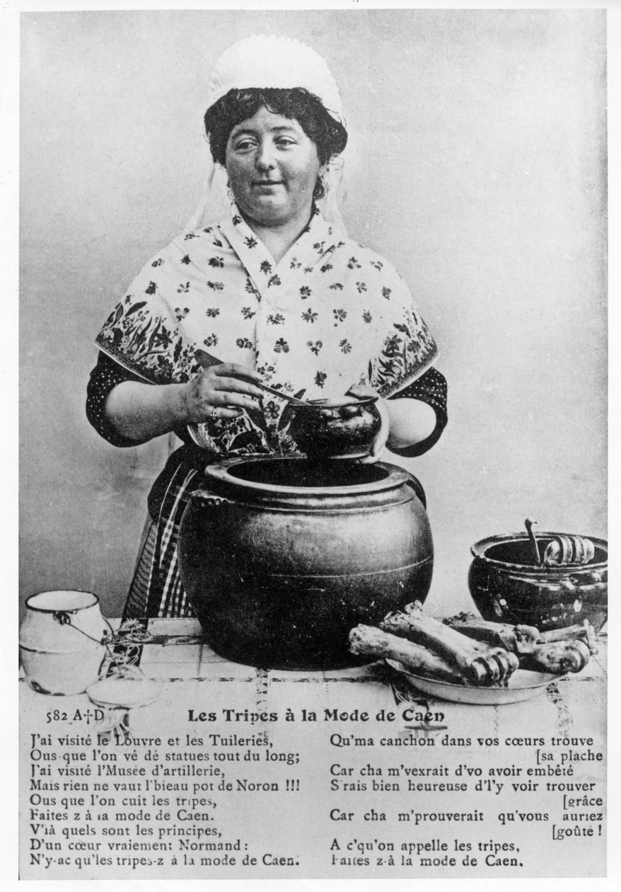 Postkort til ros for den tradisjonelle klassiske Normandie-retten Tripe a la Mode de Caen av French School