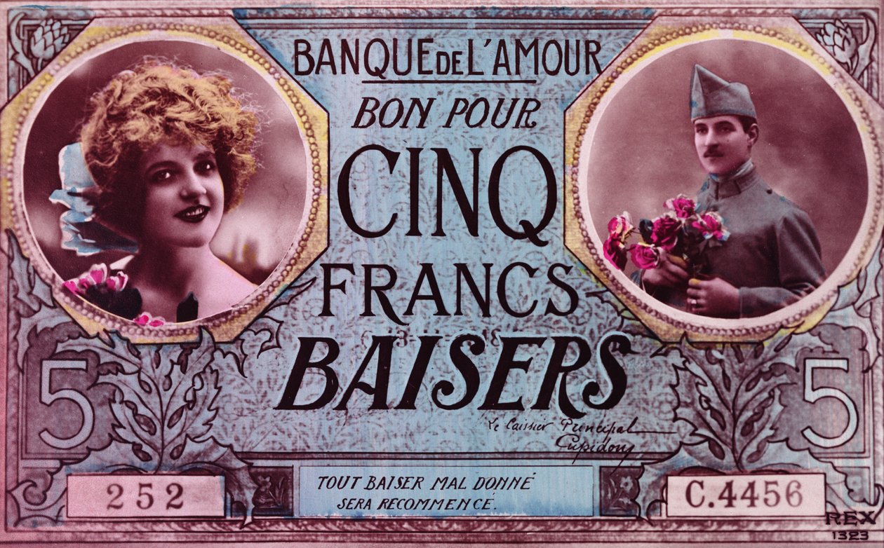 Postkort i form av en kupong for fem kissesfrancs fra Bank of Love, 1914-18 av French School