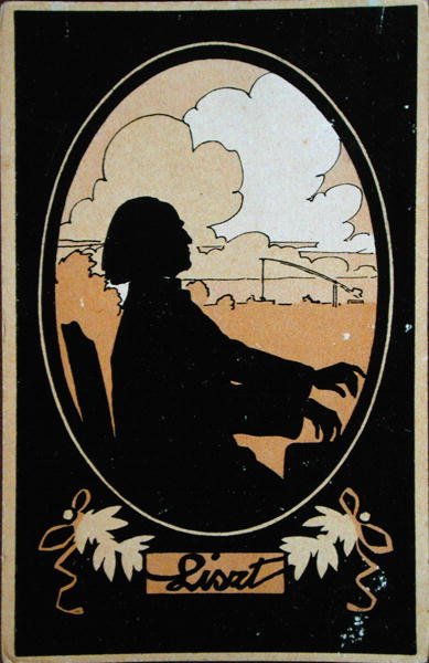 Postkort av Franz Liszt (1811-86) med den ungarske landsbygda i bakgrunnen, ca. 1910 (farge litho) av French School