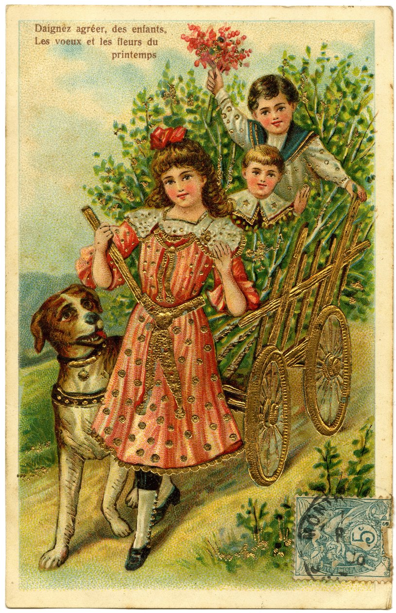 Postkort, vennligst aksepter, barnas ønsker og vårblomster (trykt papir i kromolitografi med ekstra forgylling) av French School