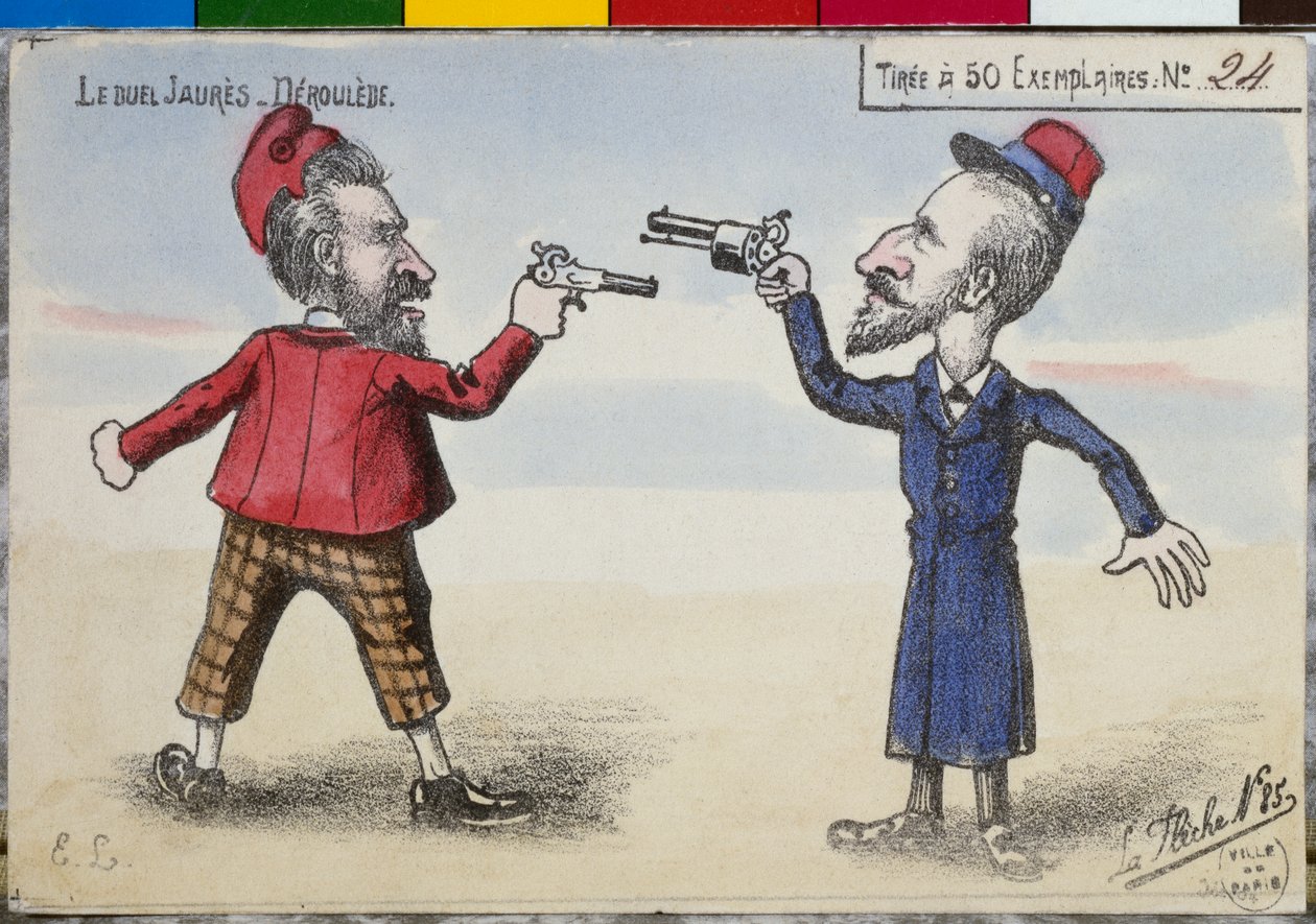 Postkort duellen mellom Paul Deroulede og Jean Jaures, desember 1904 av French School