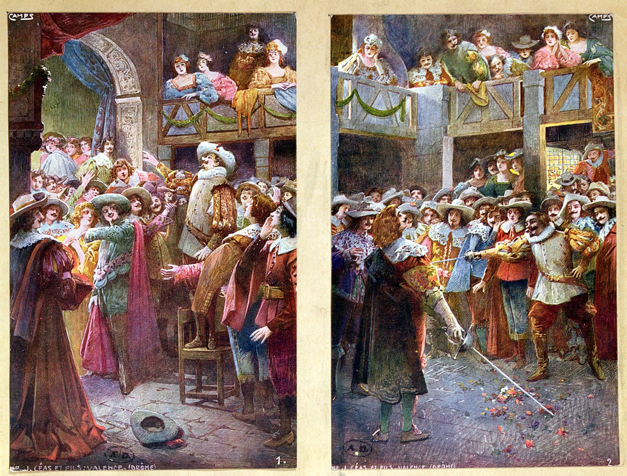 Postkort som viser Cyrano de Bergerac og duellen på Hotel de Bourgogne, ca. 1900 av French School