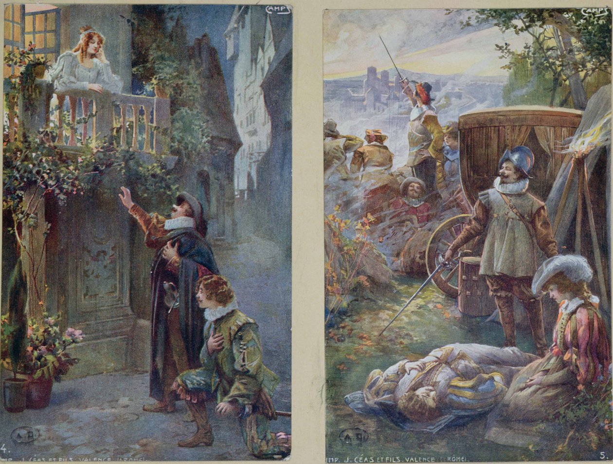 Postkort som viser Cyrano de Bergerac med Roxanne og Christians død, ca. 1900 av French School