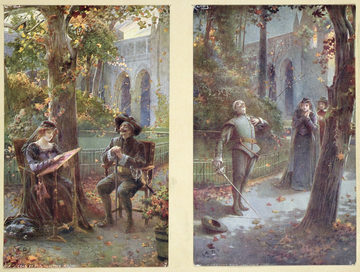 Postkort som viser Cyrano de Bergerac med Roxanne, ca. 1900 av French School
