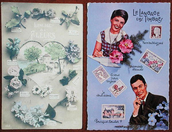 Postkort som viser språket til blomster, ca. 1913 og av frimerker, ca. 1963 (farge litho) av French School
