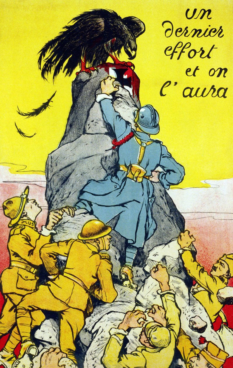 Plakat """ En siste innsats, og vi vil ha det""": allierte (Frankrike, USA, Russland, etc...) når toppen av en stein som ligger ved den tyske ørnen. Lithograhie 1917. av French School