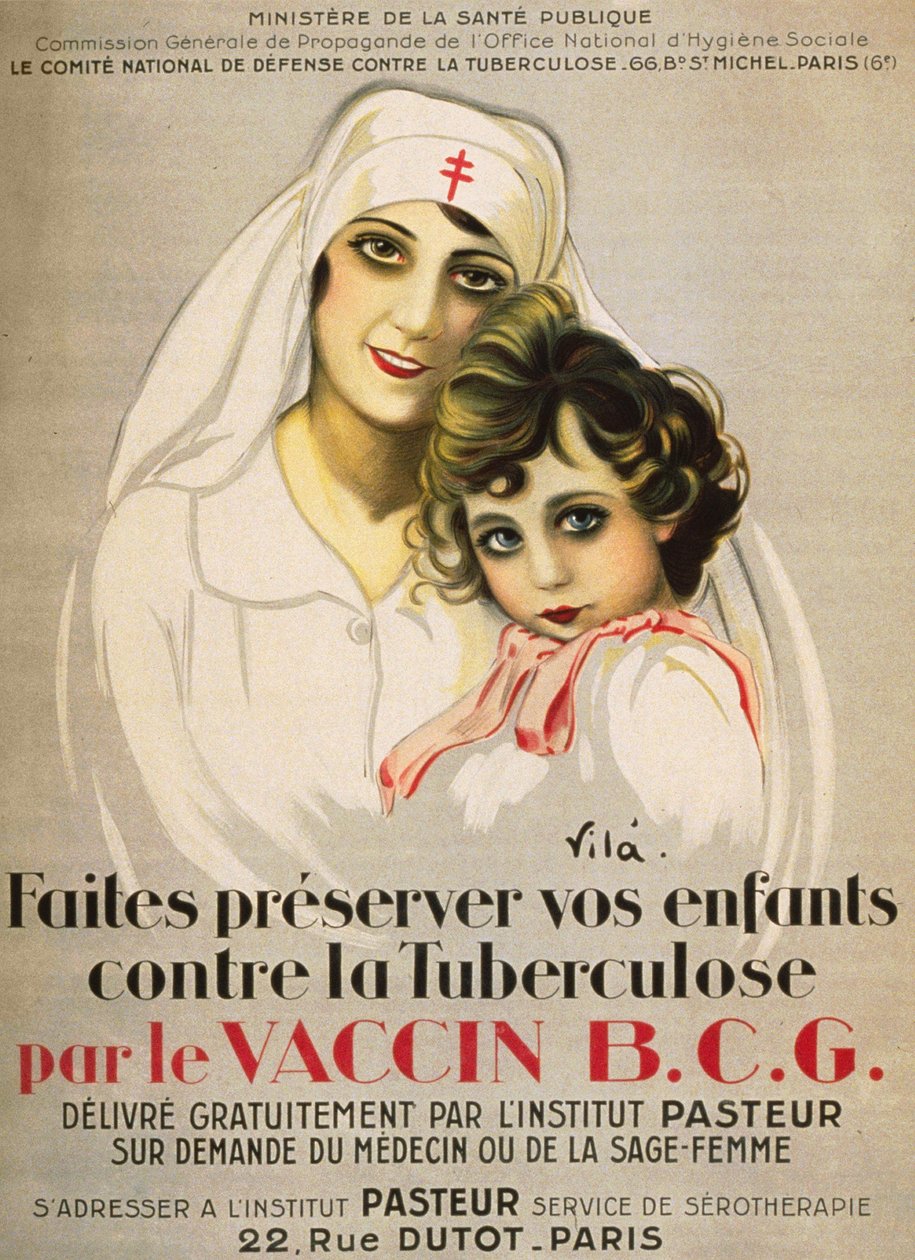 Plakat "" Beskytt barna dine mot tuberkulose av B.C.G. Vaksine utstedt gratis av Institut Pasteur på forespørsel fra legen eller jordmor"", av Vilà 1917 av French School