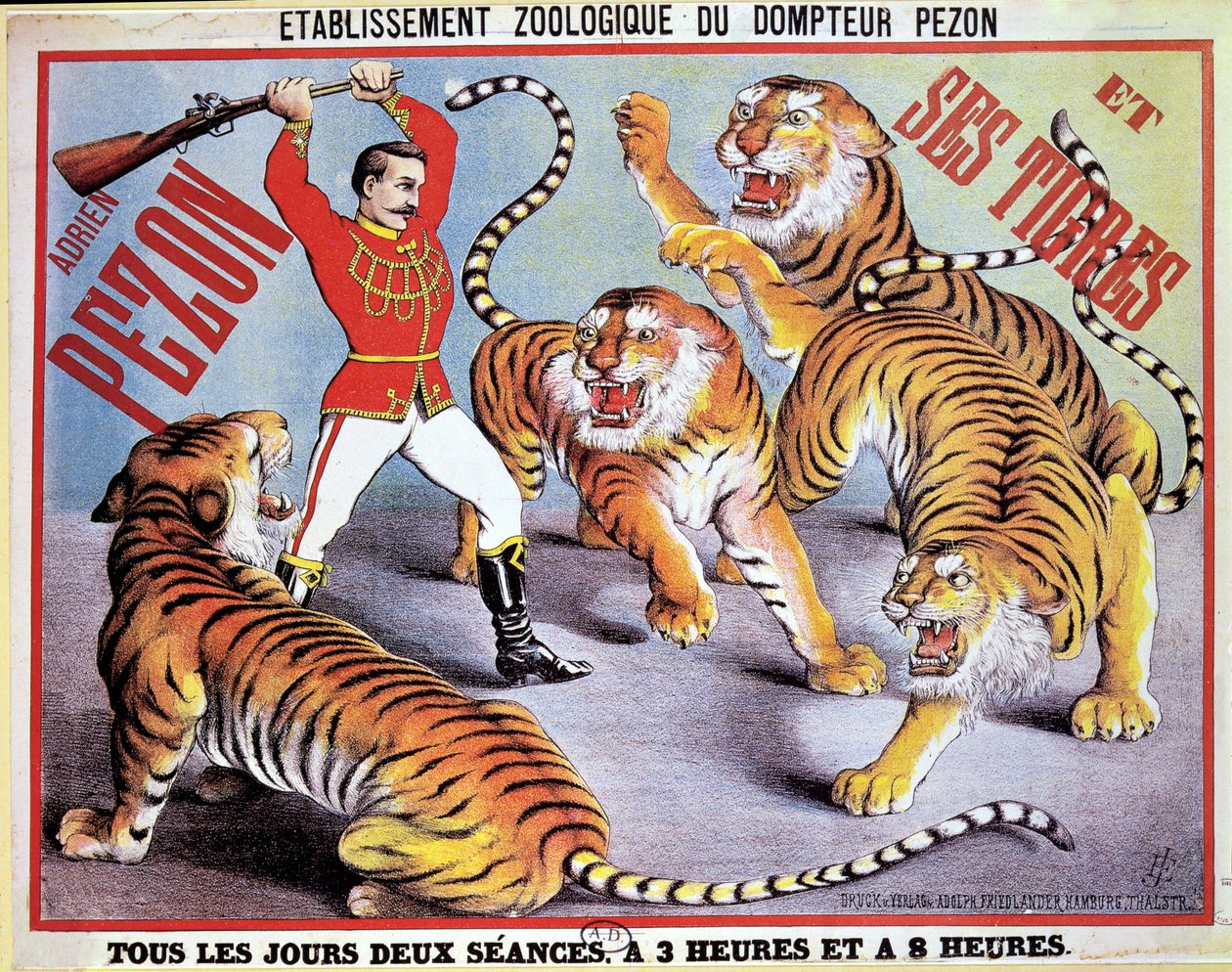 Plakat som reklamerer for Adrien Pezon and his Tigers, ca. 1897 av French School