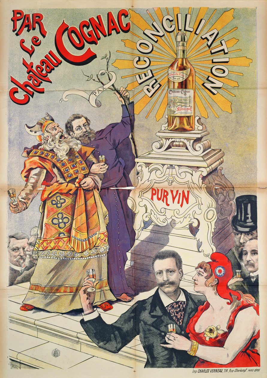 Plakat som annonserer Cognac som en forsoningsfremmer, 1890-95 av French School