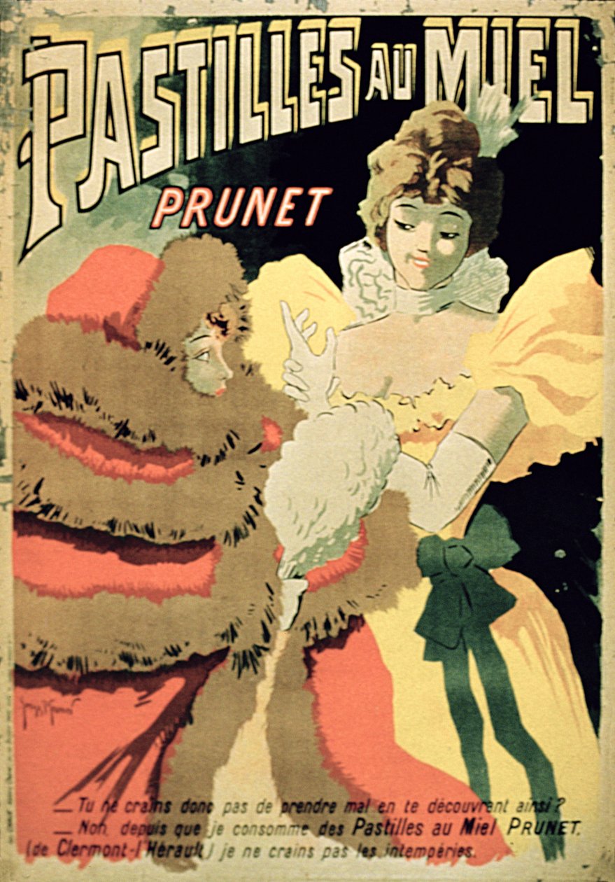 Plakat som reklamerer for honningpastiller av Prunet, Paris av French School