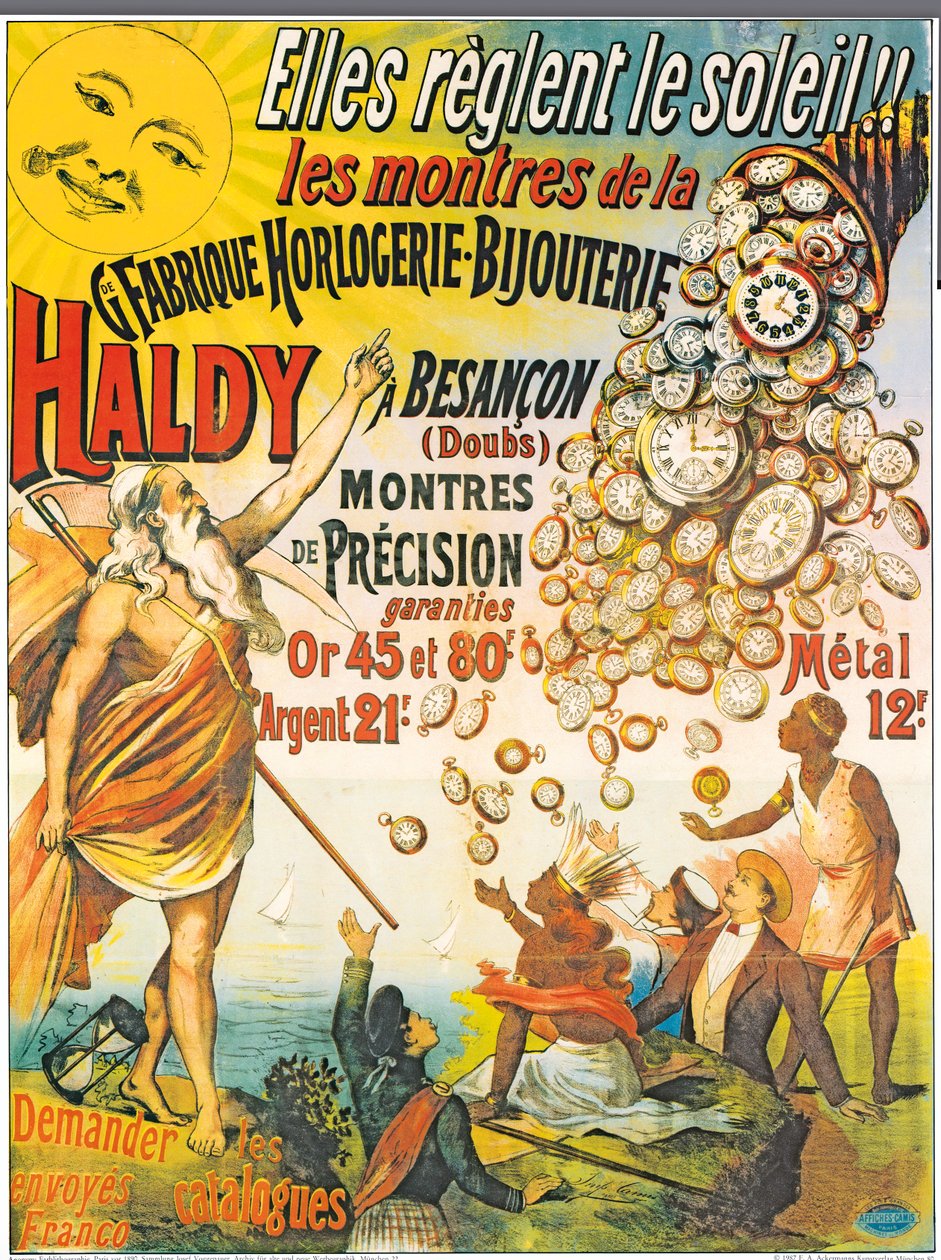Plakatreklame for Horlogerie-Bijouterie Haldy, før 1890 av French School