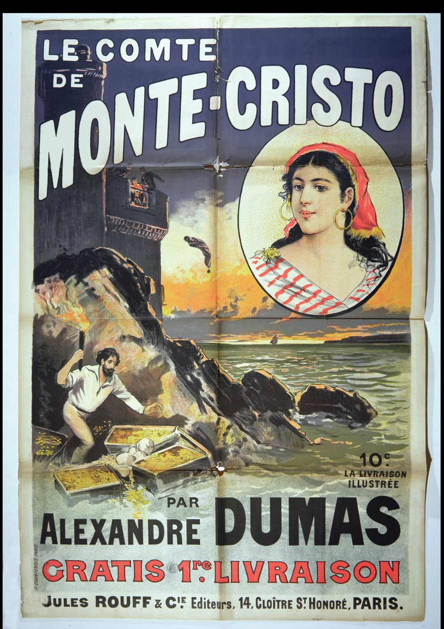 Plakatreklame for greven av Monte Cristo av Alexandre Dumas Pere (1802–70) av French School