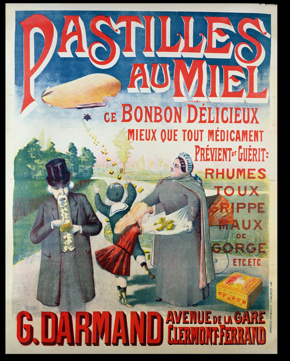 Plakatreklame Pastilles au Miel, honningpastiller, laget av G. Darmand av French School