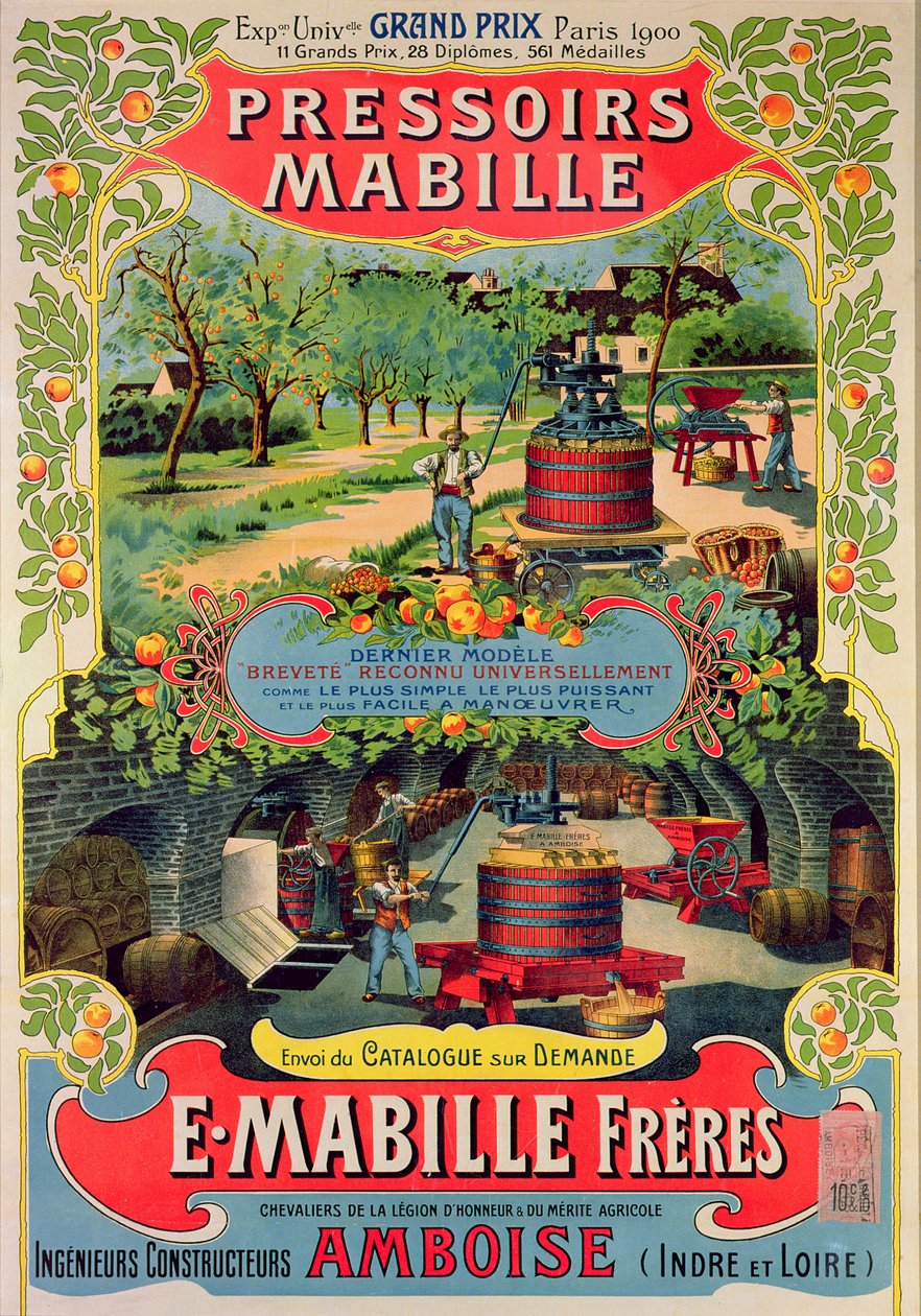 Plakatannonsering Pressoirs Mabille, på Exposition Universelle, Paris, 1900 av French School