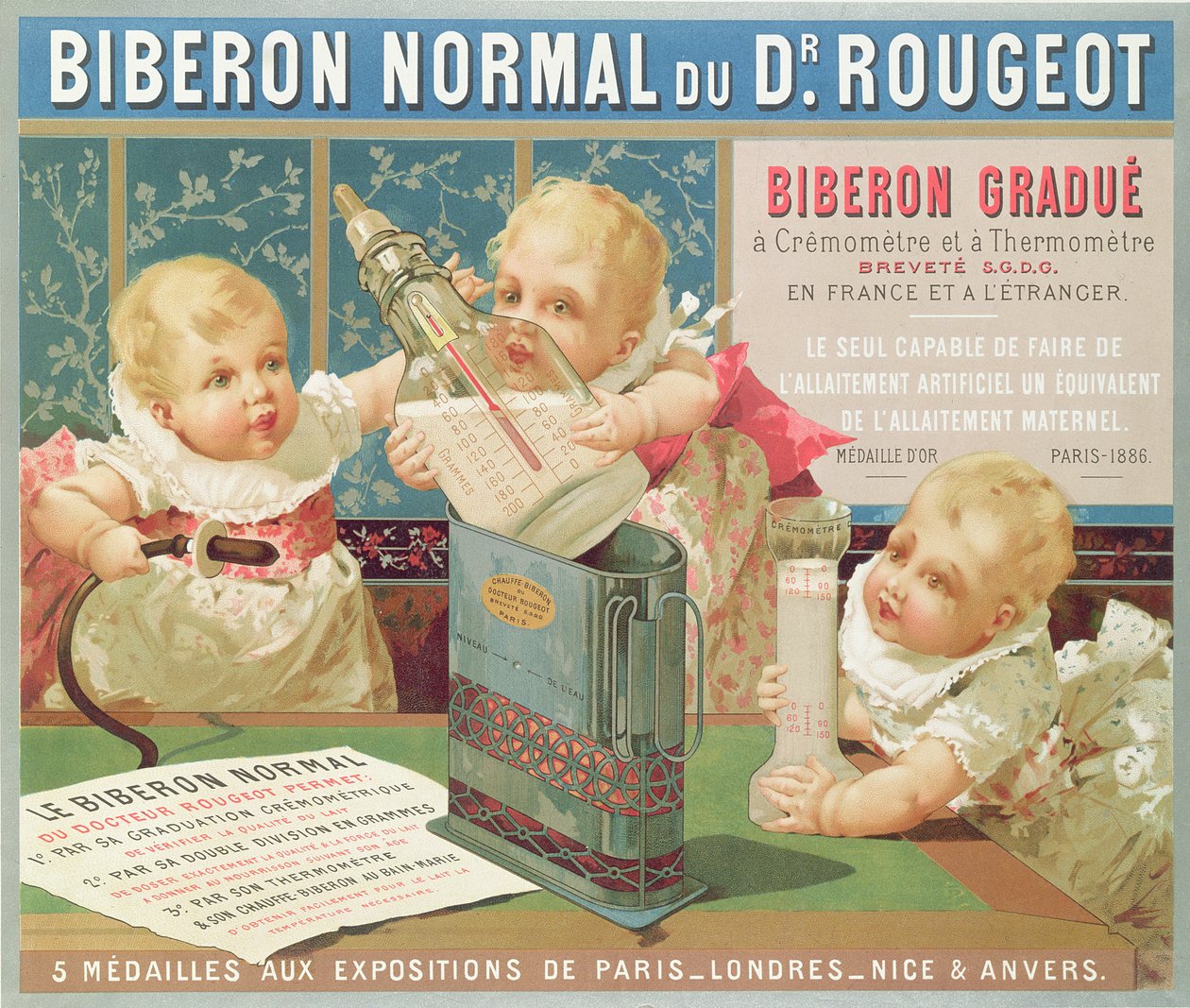 Plakat som reklamerer for en uteksaminert flaske designet av Dr. Rougeot, 1887 av French School