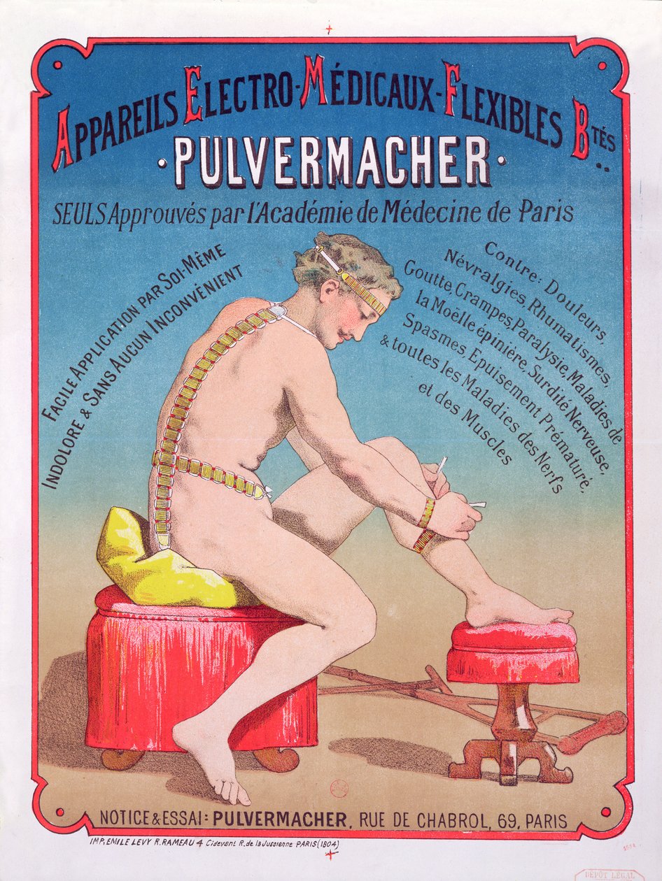 Plakat som reklamerer for en elektromedisinsk kroppsmassasje- og stimuleringsmaskin Pulvermacher, 1884 av French School