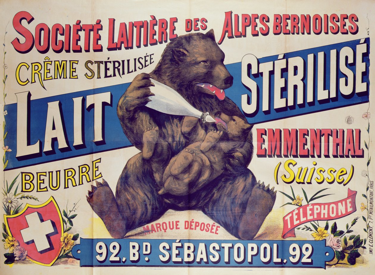 Plakat som reklamerer for sterilisert melk, smør og emmentalerost fra Societe Laitiere des Alpes Bernoises, 1895-1900 av French School