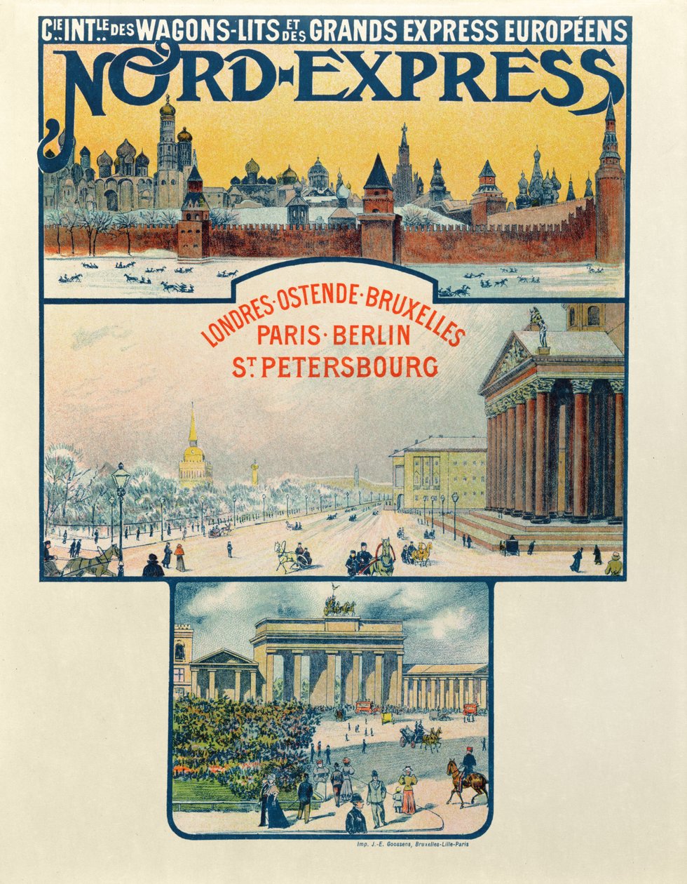 Plakat som reklamerer for Compagnie des Wagons-Lits et des Grands Express Europeens, London til St Petersburg, tidlig på 1900-tallet av French School