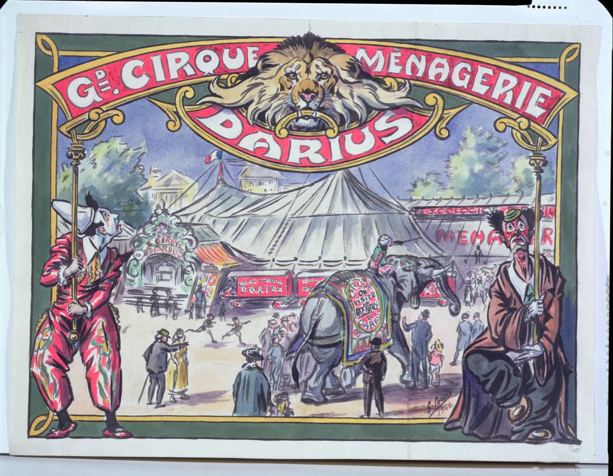 Plakat som reklamerer for Grand Cirque Menagerie Darius, 1924 (wc på papir) av French School