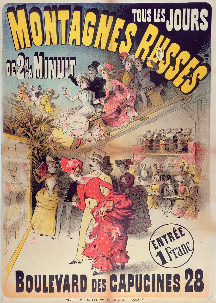 Plakat som reklamerer for Montagnes Russes-berg-og-dal-banen i Boulevard des Capucines, Paris, 1888 av French School