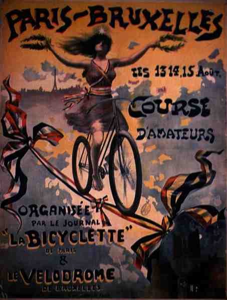 Plakat som reklamerer for amatørsykkelløpet Paris til Brussel (farge litho) av French School