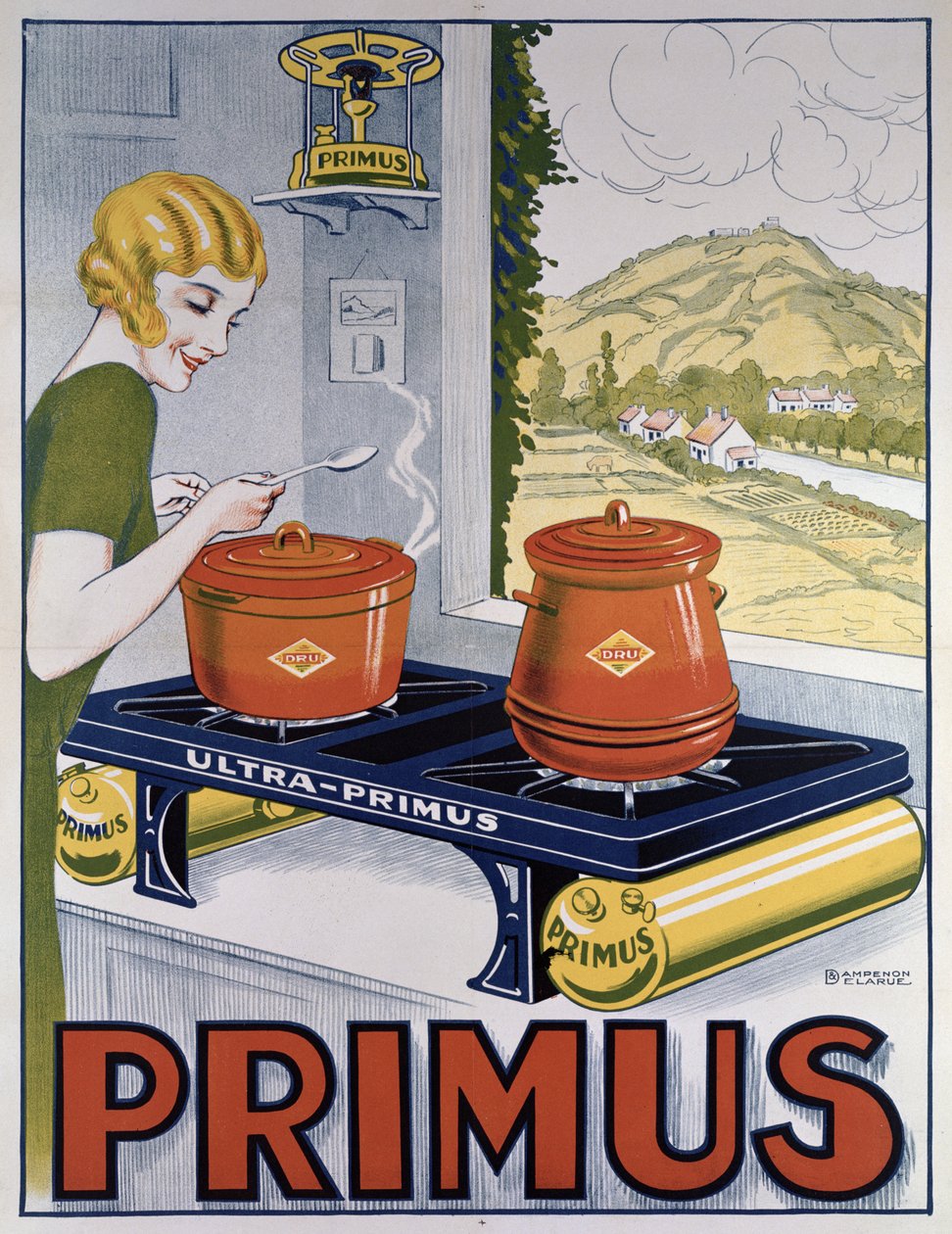 Plakat som reklamerer for Primus-komfyren, trykt av Dampenon & Elarue av French School
