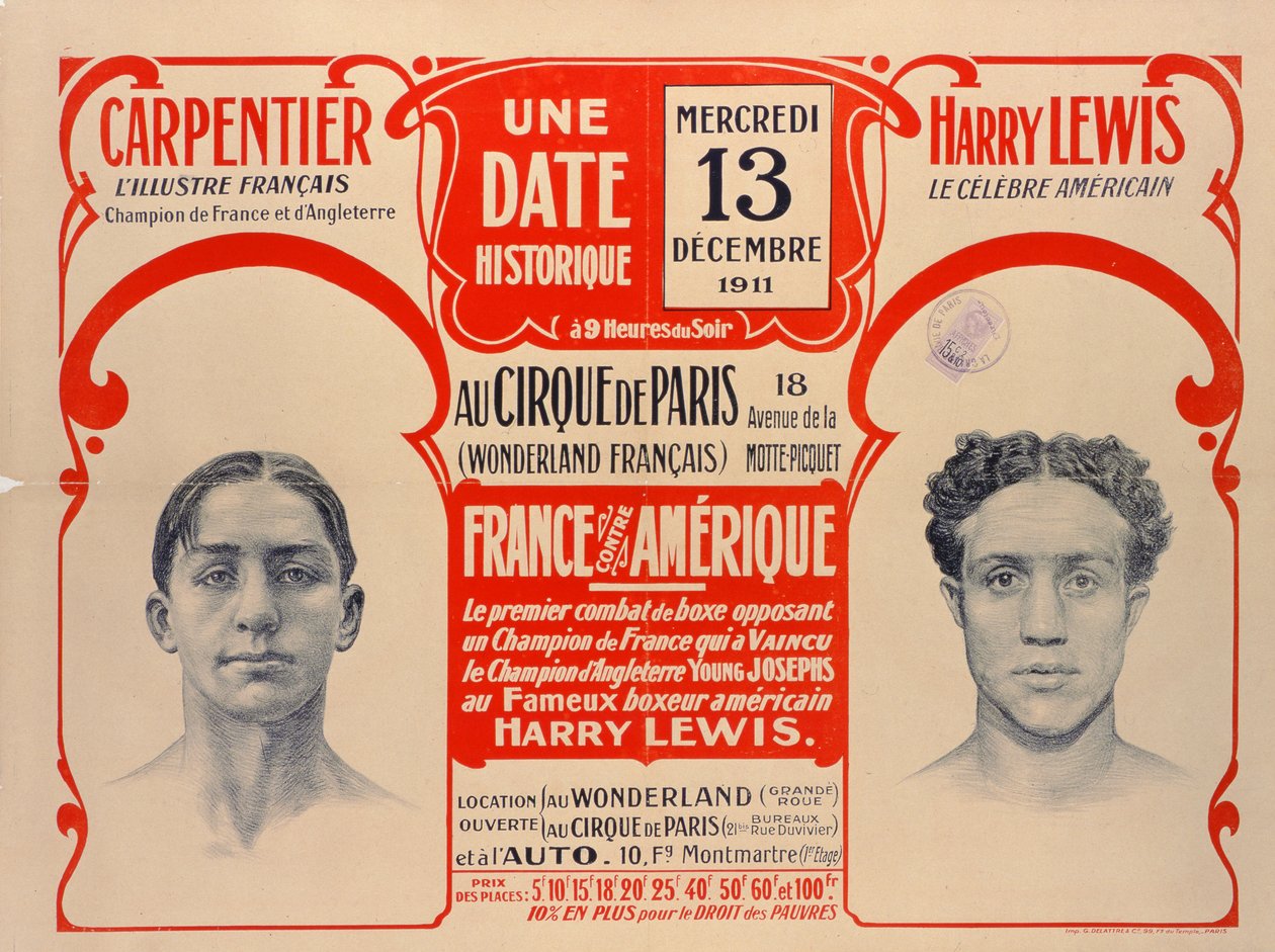 Plakat som reklamerer for boksekampen mellom Carpentier og Harry Lewis, 1911 av French School