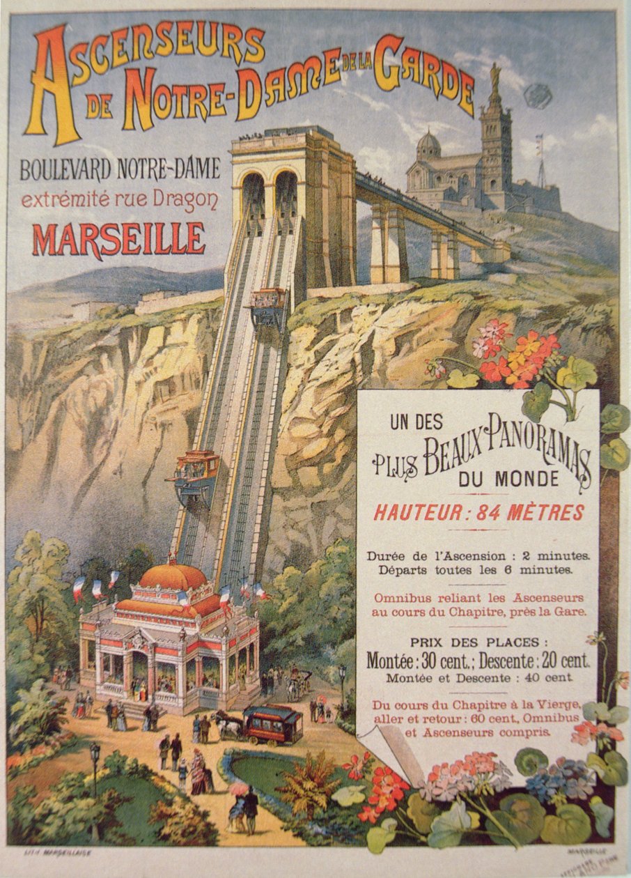 Plakat som reklamerer for heisen til Notre-Dame de la Garde, Marseilles, ca. 1900 av French School
