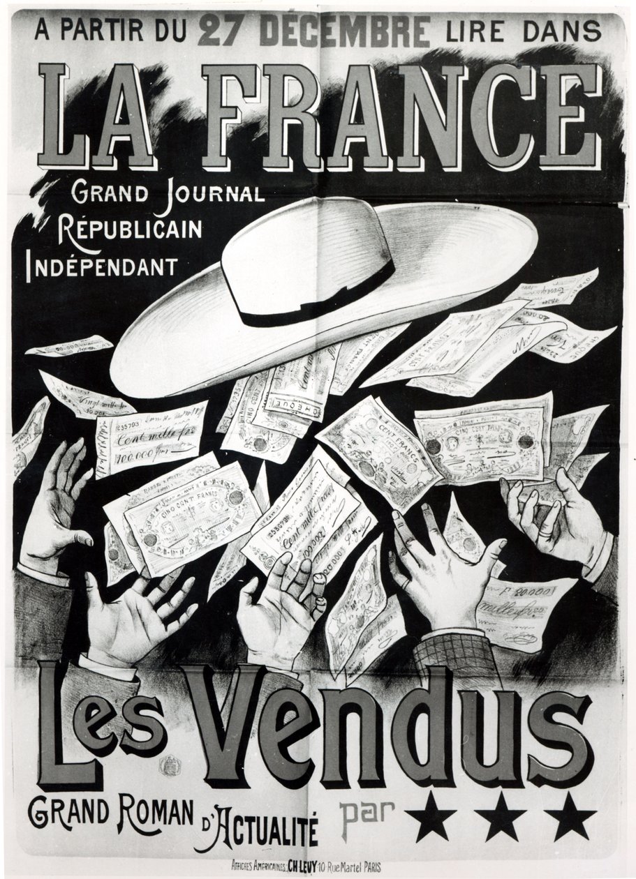 Plakat som reklamerer for romanen Les Vendus som omhandler Panama-affæren, ca. 1892-95 av French School