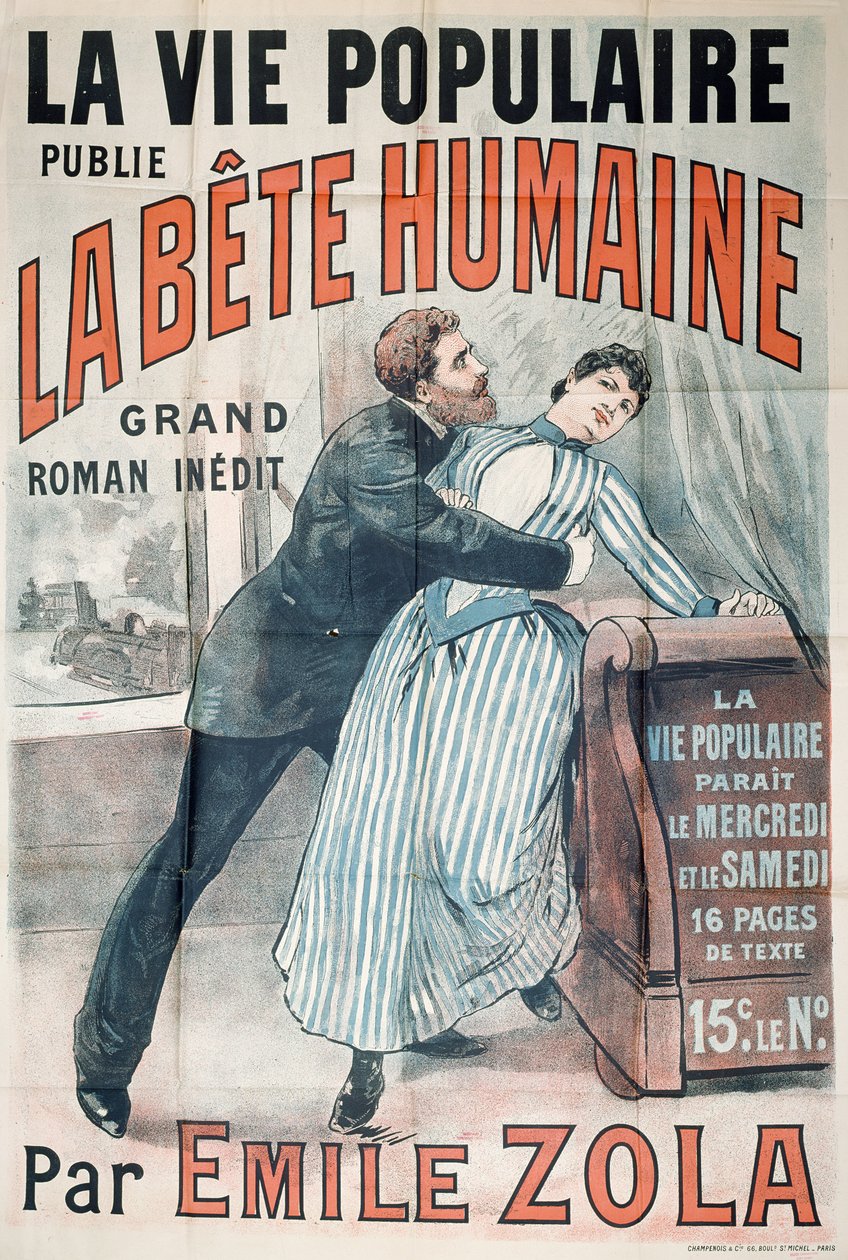 Plakat som reklamerer for publiseringen av La Bete Humaine av Emile Zola (1840-1902) i La Vie Populaire, ca. 1890 av French School