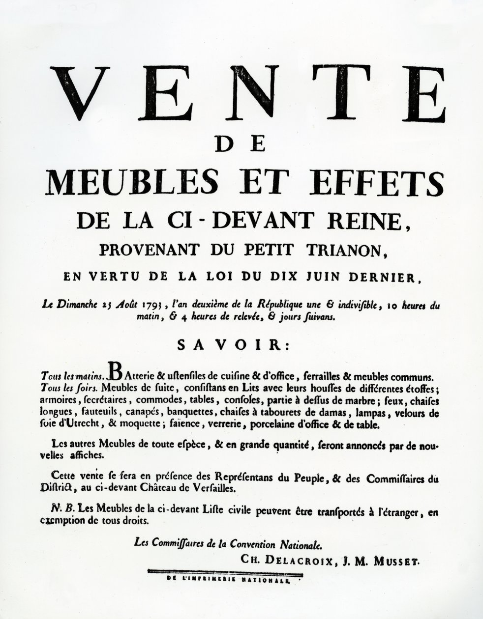 Plakat som annonserer salg av Marie-Antoinettes møbler og effekter 25. august av French School
