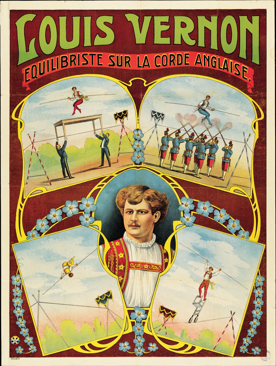 Plakat som annonserer tightrope walking forestillinger av Louis Vernon av French School