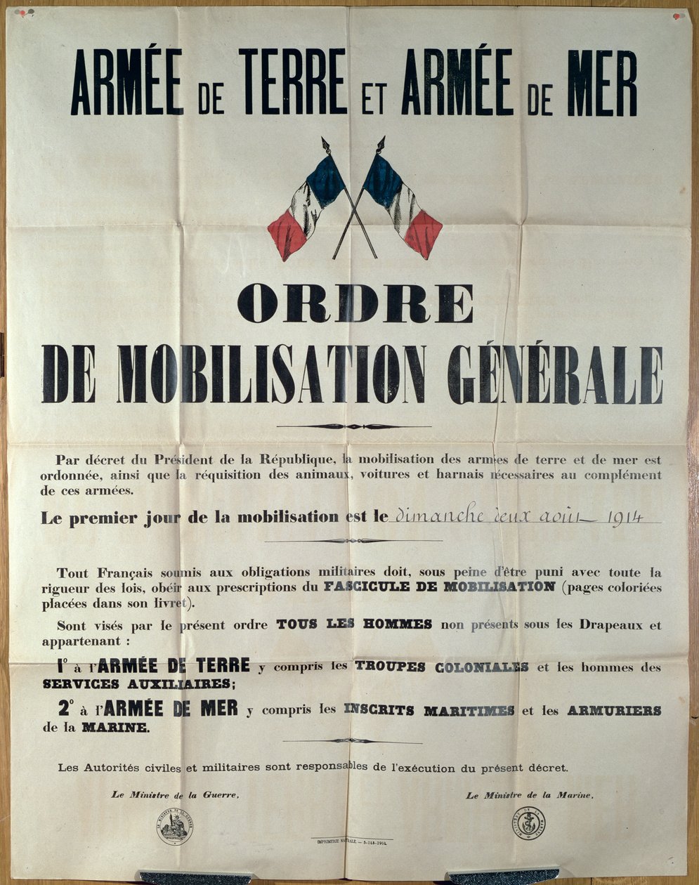 Plakat som kunngjør generell mobilisering i Frankrike, 2. august 1914 av Ministere de la Guerre et de la Marine av French School