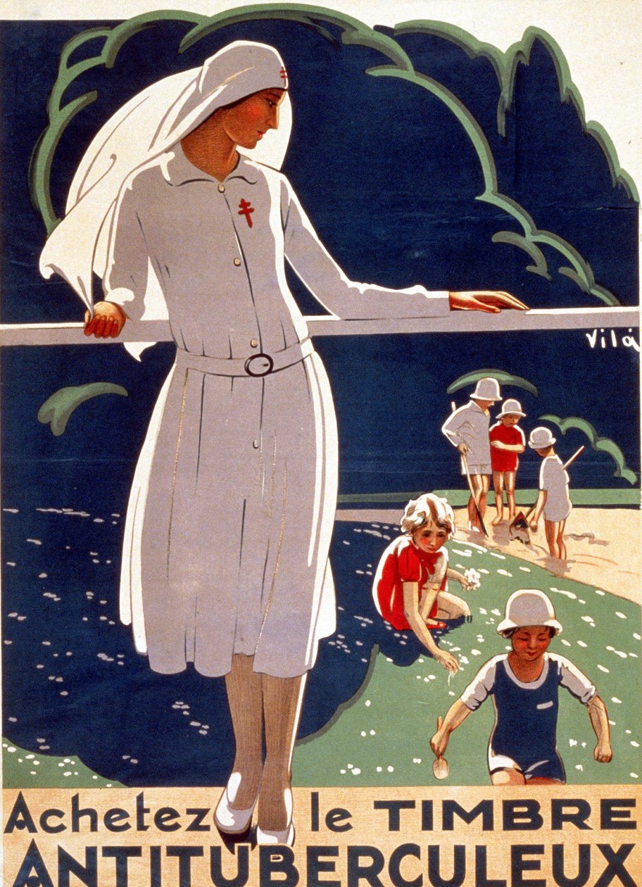Plakat for "Kjøp tuberkuloseplasteret" utgitt av Landskomiteen for forsvar mot tuberkulose. Lithograhie 1917. av French School