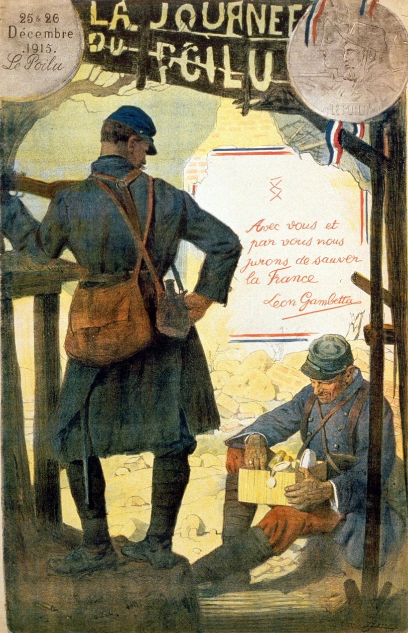Plakat for “” La journée du poilu - 25 et 26 décembre 1915”” med sitatet av Léon Gambetta “” Med deg og ved deg sverger vi å redde Frankrike””. (en hårete åpning esken mottok fra familien hans). av French School