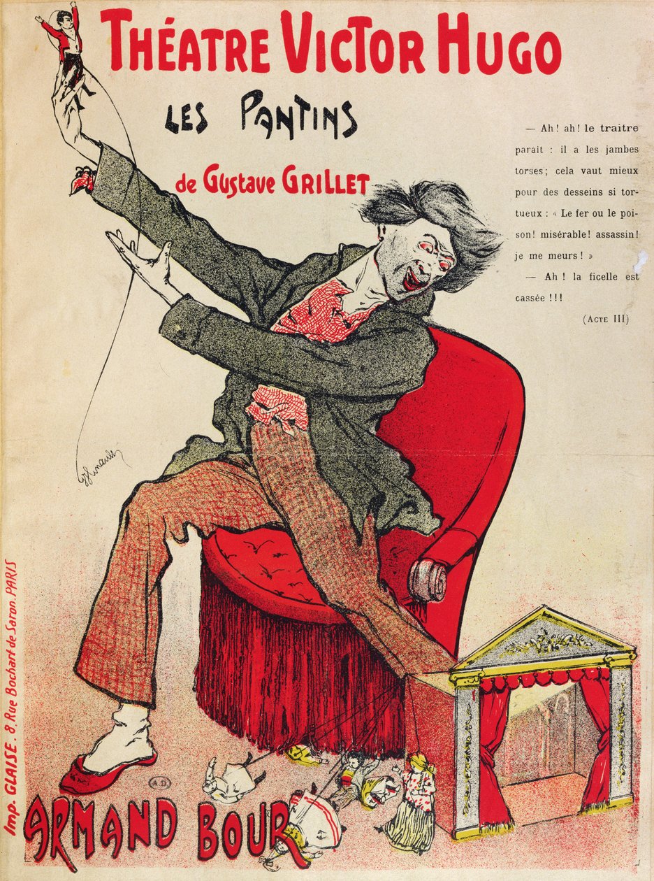 Plakat for Les Pantins av Gustave Grillet ved Theatre Victor Hugo, sent på 1800-tallet av French School