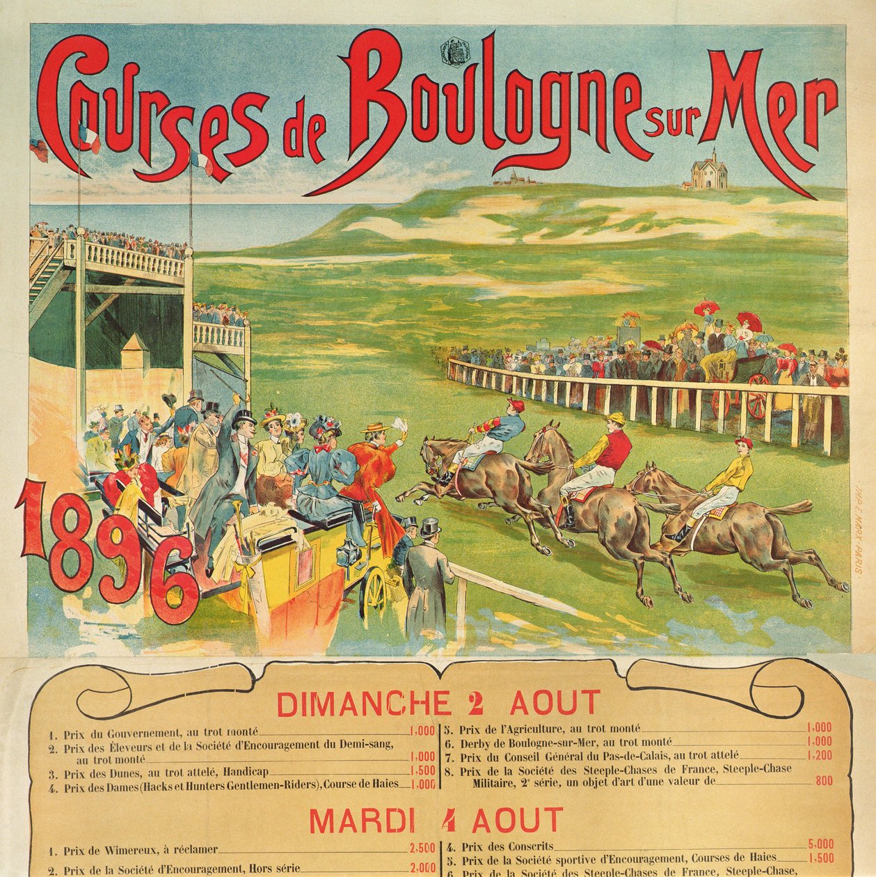 Plakat for hesteveddeløp i Boulogne-sur-Mer, 1896 av French School